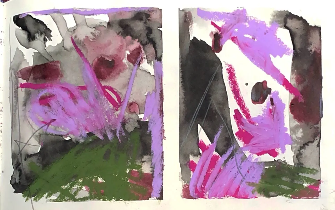 Pink and black gestural diptych on paper