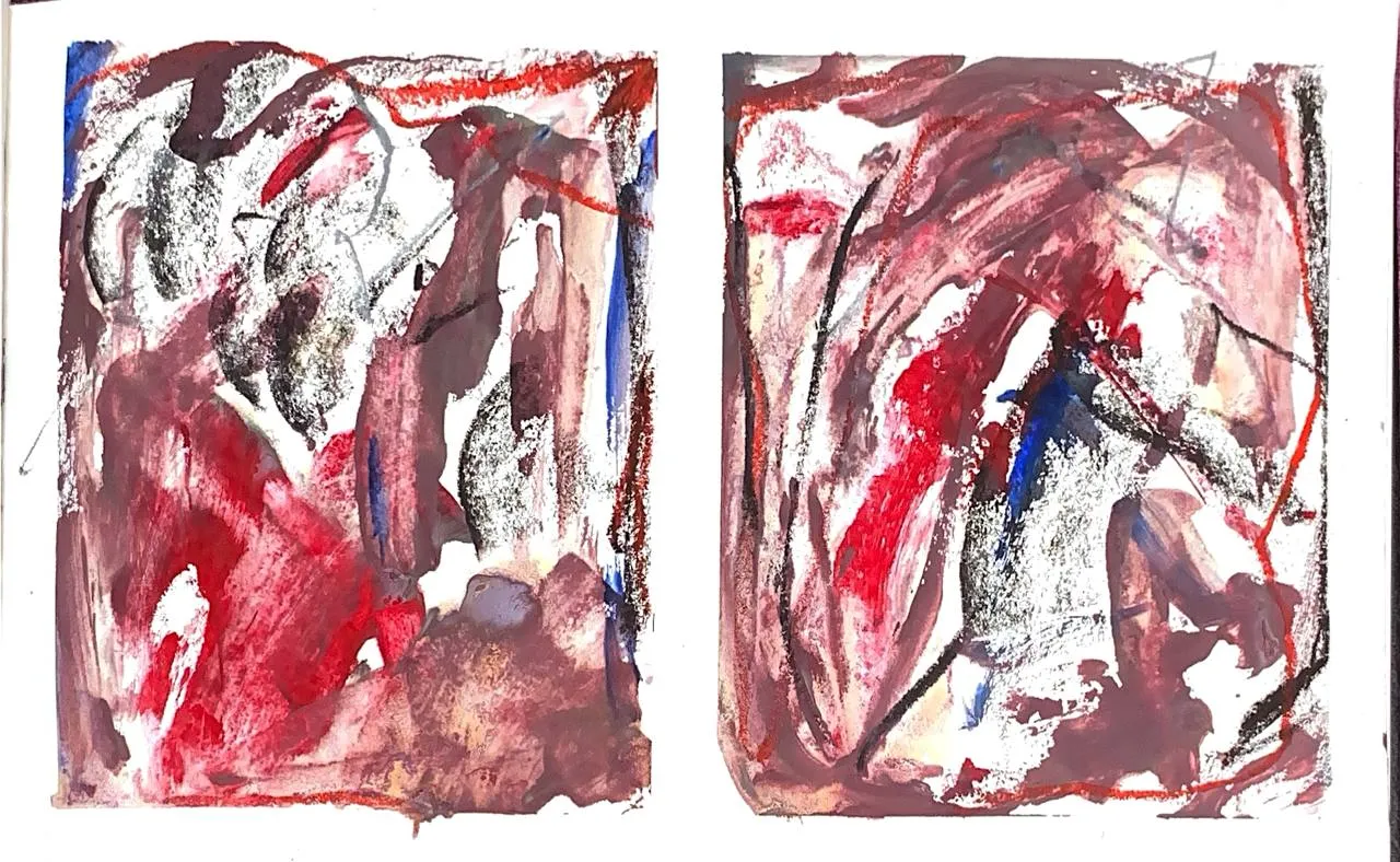 Red and black abstract movement studies on paper
