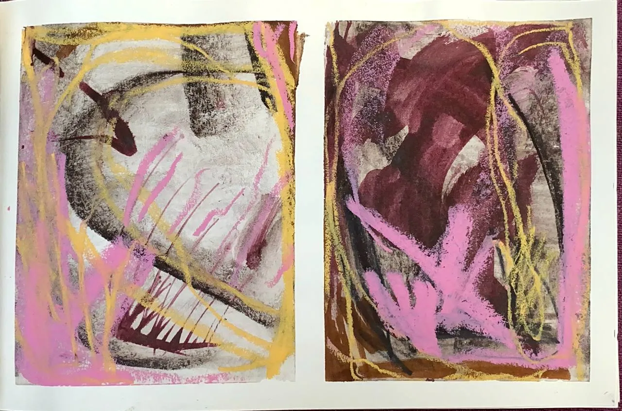 Yellow and rose abstract diptych on paper