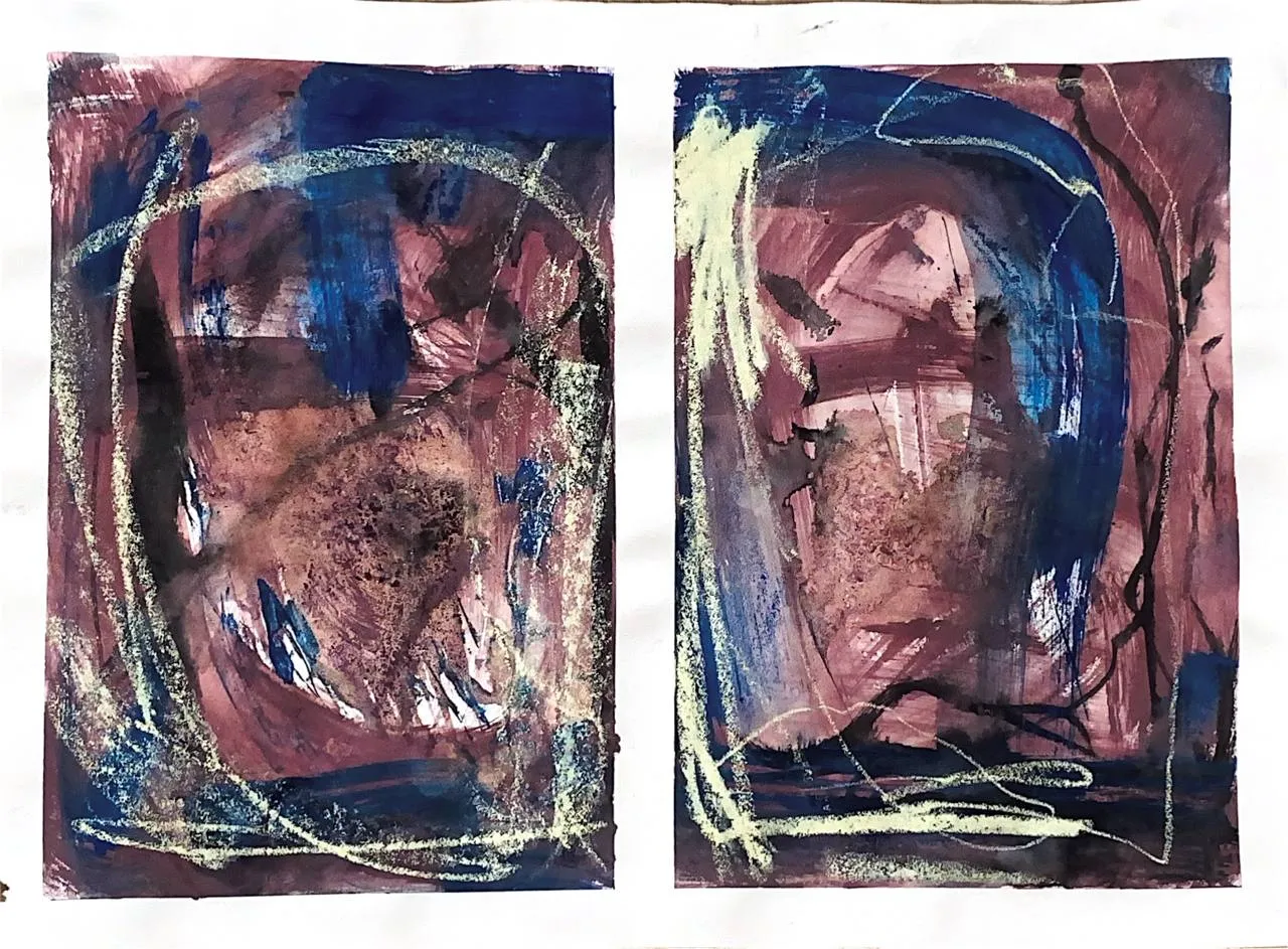 Dark blue and rose chamber-like abstract diptych