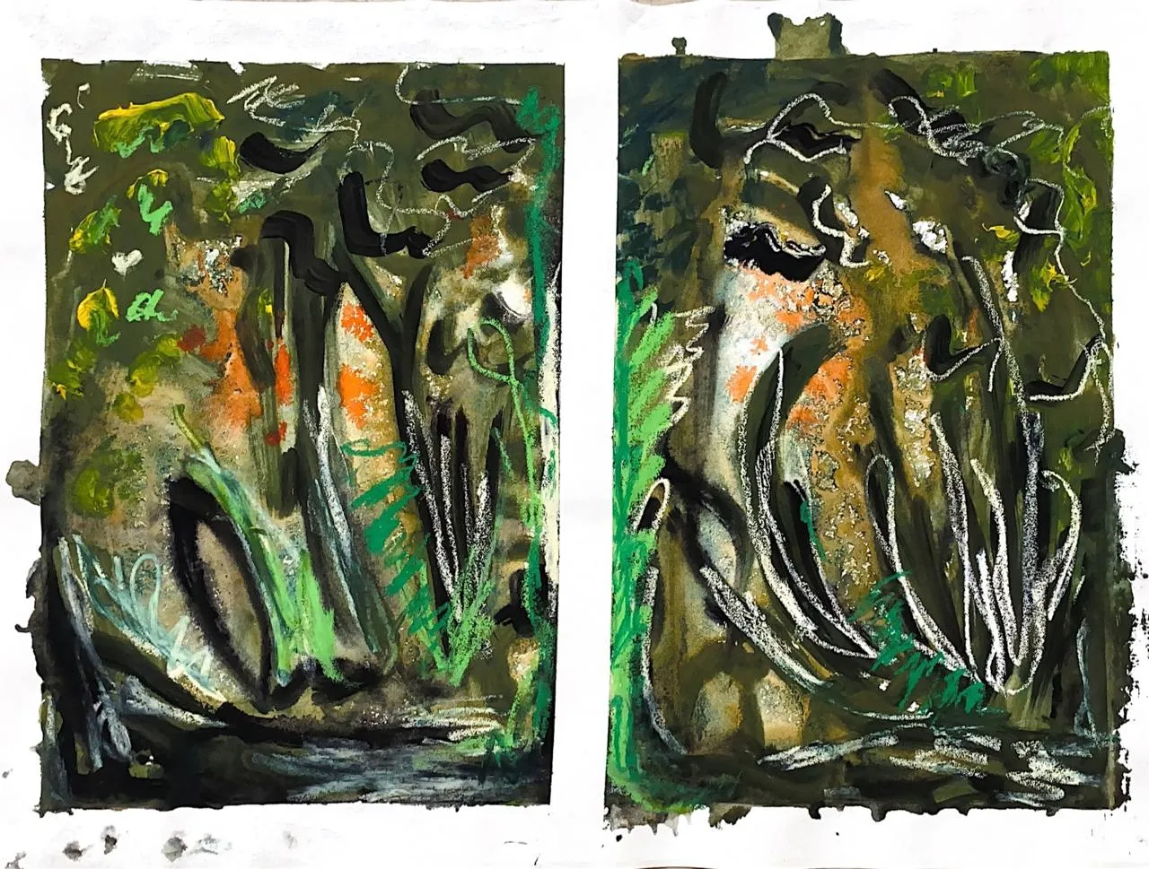 Green and black abstract diptych with plant-like vertical forms