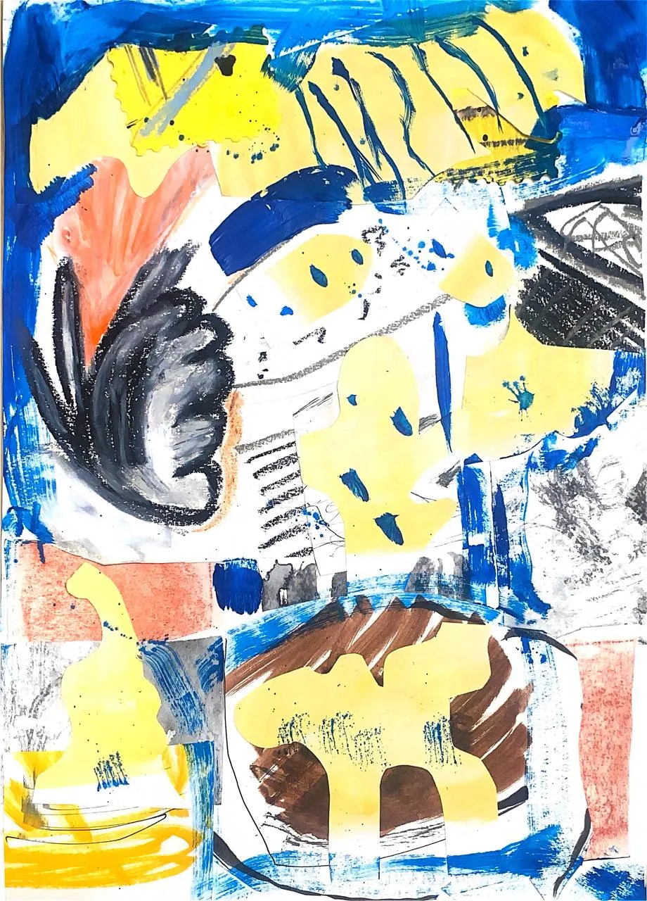 Bright yellow, blue, and black abstract composition on paper