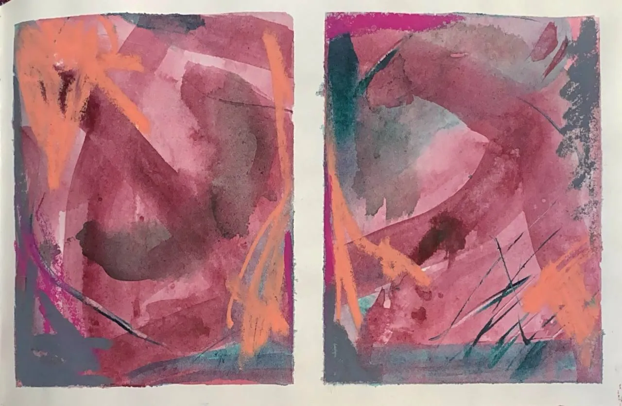 Muted rose and charcoal abstract diptych