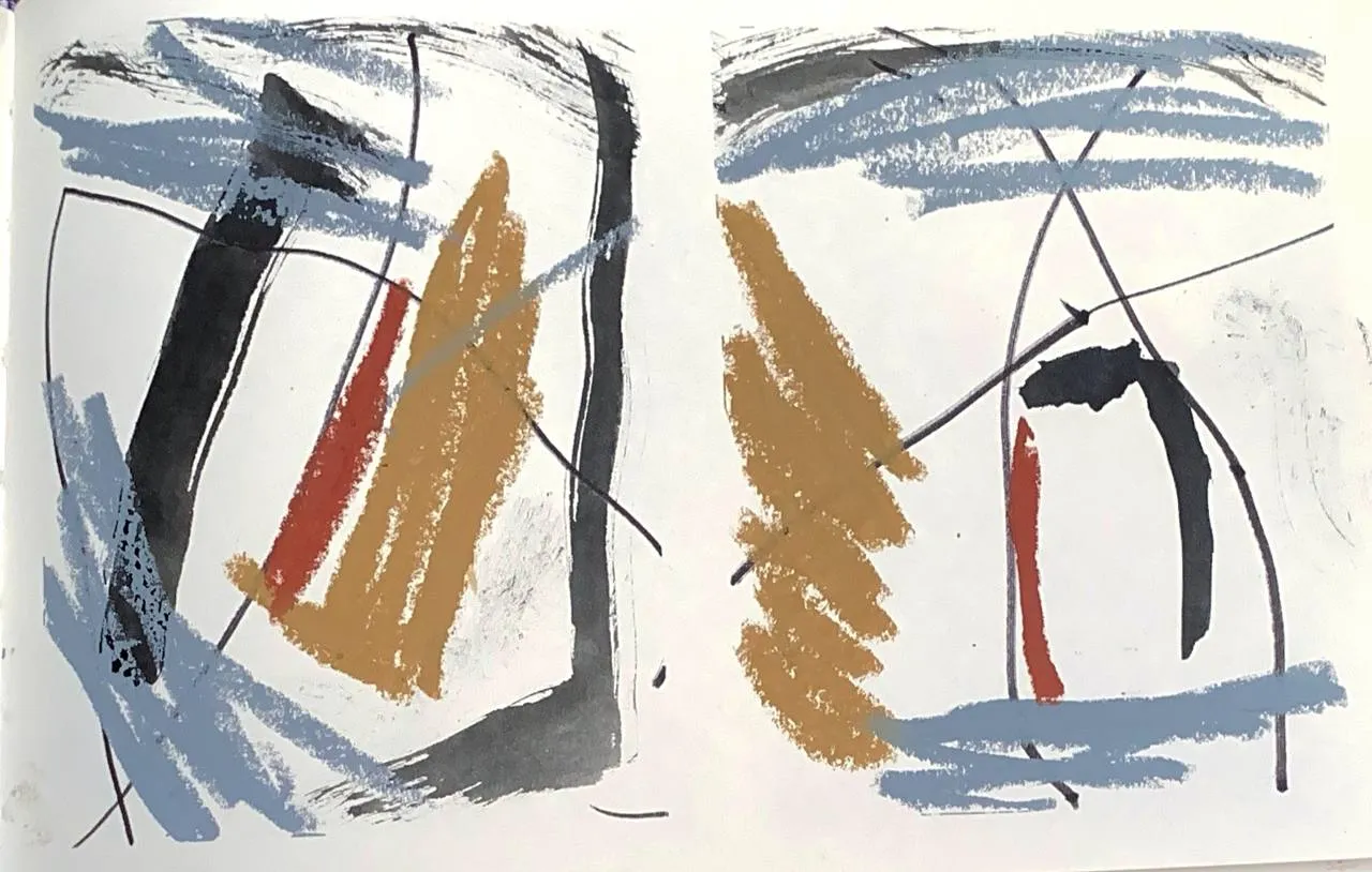 Minimal grey, black, and ochre line studies on paper