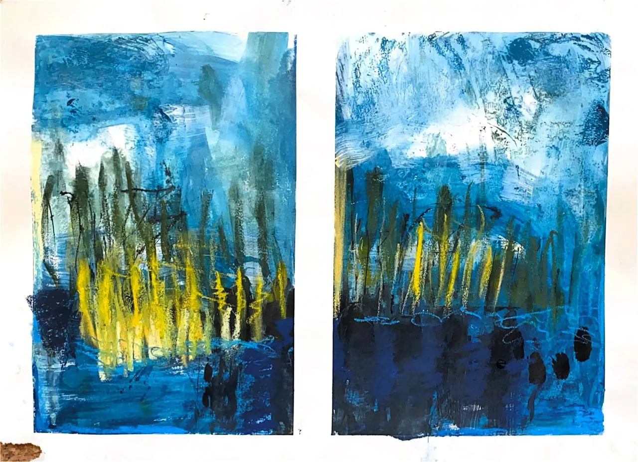 Blue abstract diptych with yellow reed-like verticals