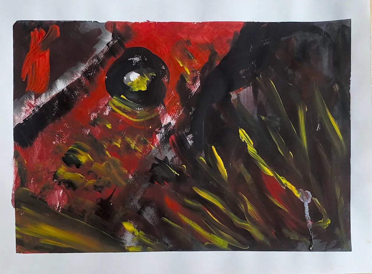 Red and black nocturnal abstract composition on paper